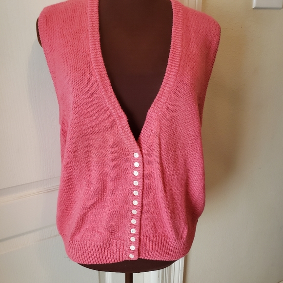 Tops - Pink Sleeveless Cotton Cardigan Vest with White Buttons